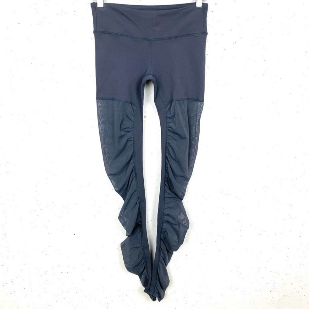Alo Yoga Womens Mixed Mesh Goddess Leggings Mid Rise Ruched Seaming Gray Small